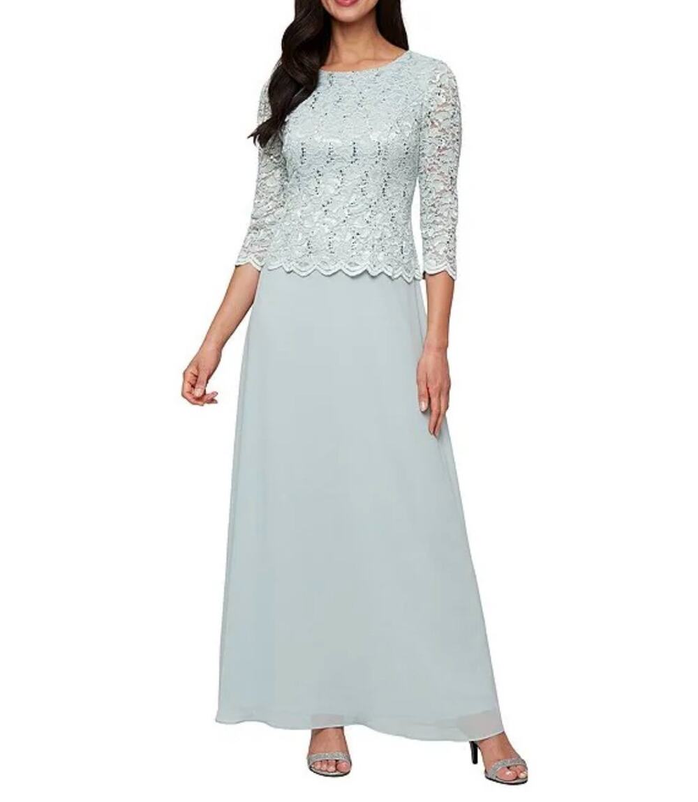 Alex Evenings Mock Two-Piece Gown 14 Fresh Mint Sequin Lace Bodice A-Line EUC